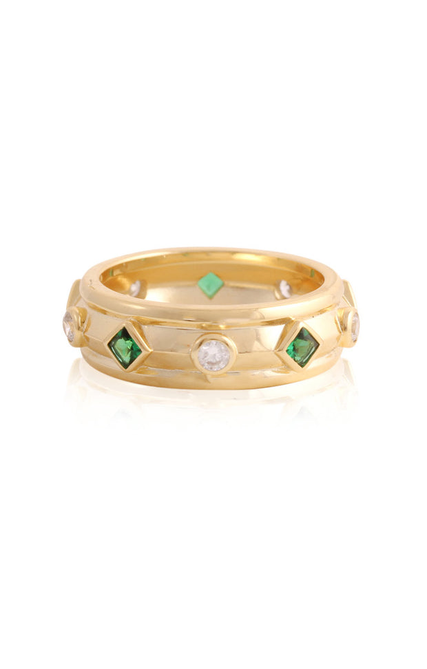 Beveled Polished Thick Emerald & CZ Set Stones Ring in Yellow Gold