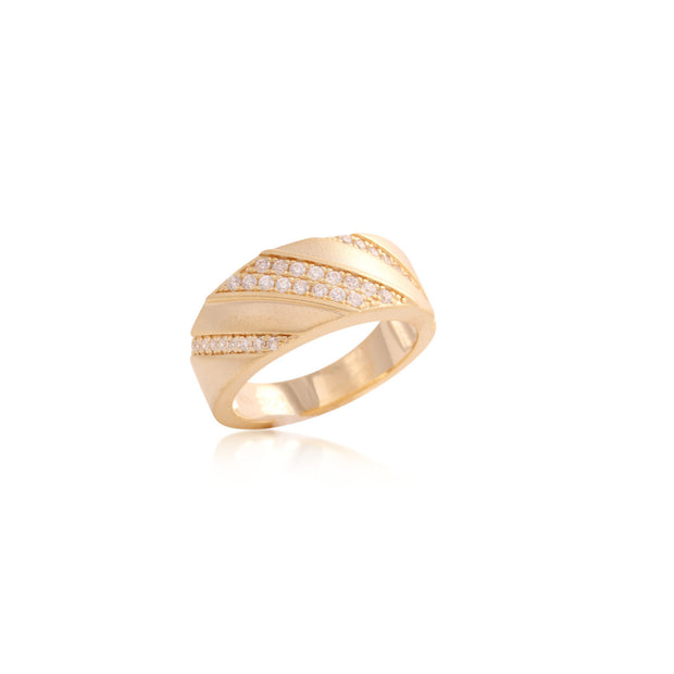 Matte & CZ Linear Design Thick Ring in Yellow Gold