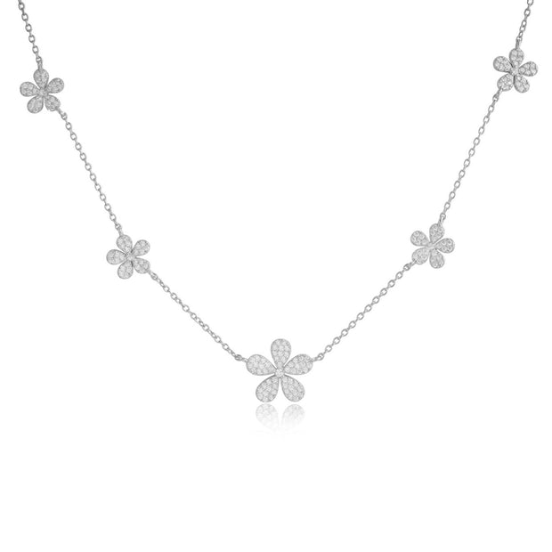 Graduating Pave Flowers Interval Necklace in White Gold