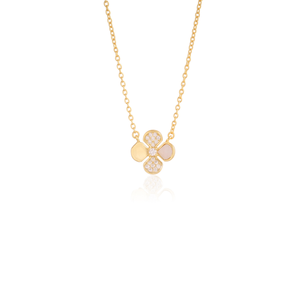 Mini Four Petal Polished, CZ & Mother of Pearl Flower Pendant in Yellow Gold