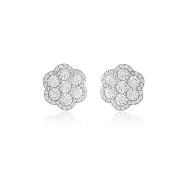 CZ Flower Design Studs in White Gold