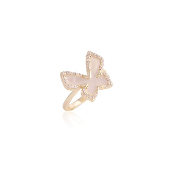 Mother of Pearl & CZ Butterfly Ring in Yellow Gold