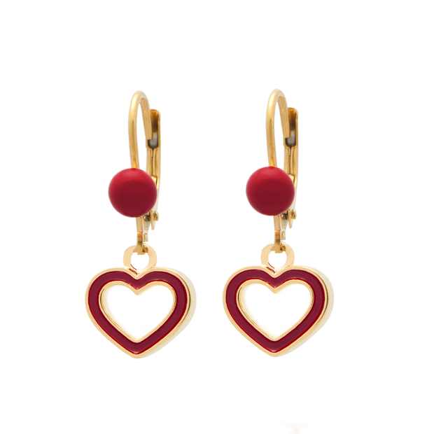 Small Red Enamel Outlined Heart Red Button Lever Back Earrings