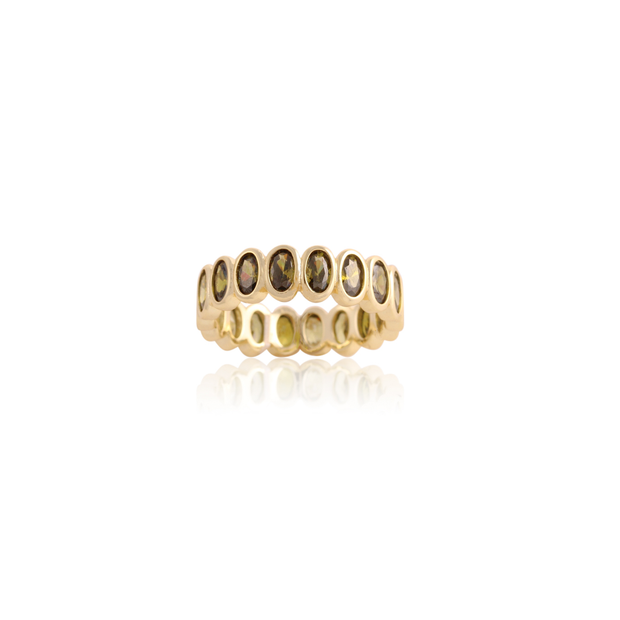 Smokey Olive CZ Stone Ovals Eternity Rings in Yellow Gold