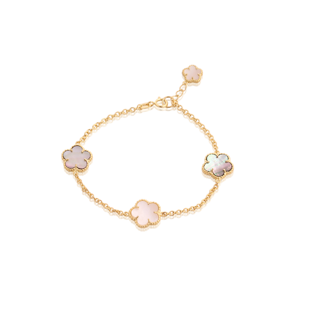 White & Grey Mother of Pearl Clover Bracelet in Yellow Gold