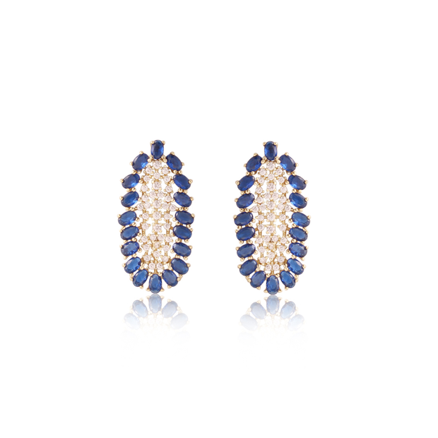 Pave Center Sapphire Oval Outline CZ Oval Studs in Yellow Gold