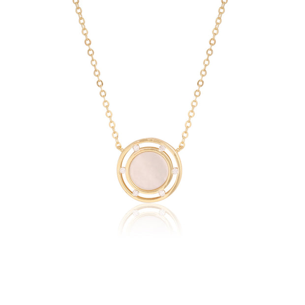 MOP Circle Mini CZ Bezel Set Border Pendant in Yellow Gold