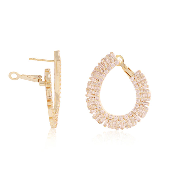 Baguette & CZ Statement J Earrings in Yellow Gold