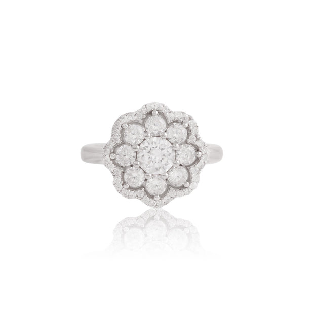 CZ Flower Halo Ring in White Gold