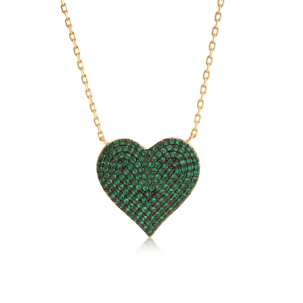 Green CZ Pave Heart Pendant in Yellow Gold