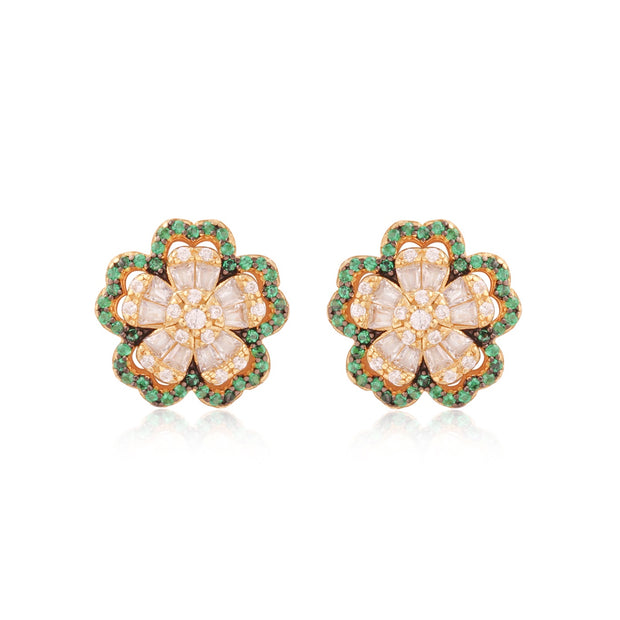 CZ Baguette & Emerald Border Flower Studs in Yellow Gold