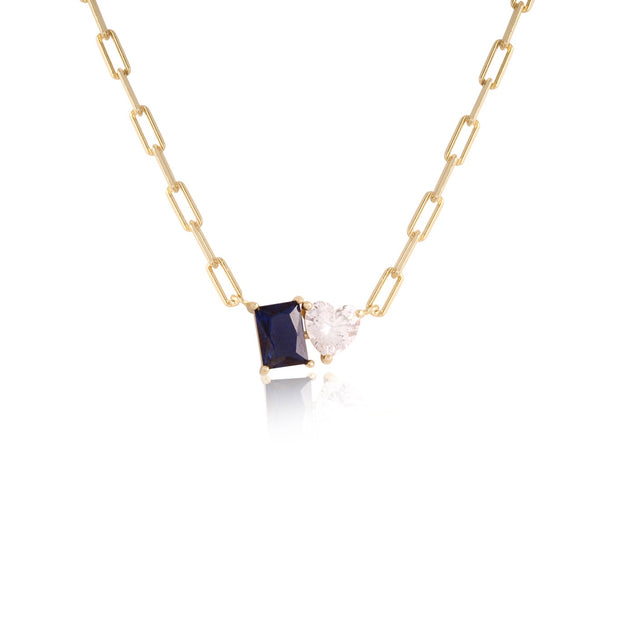 CZ Heart & Sapphire Rectangle Paperclip Necklace in Yellow Gold