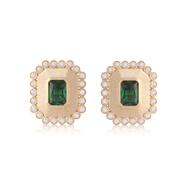 Emerald Center CZ Bezel Border Brushed Rectangle Studs