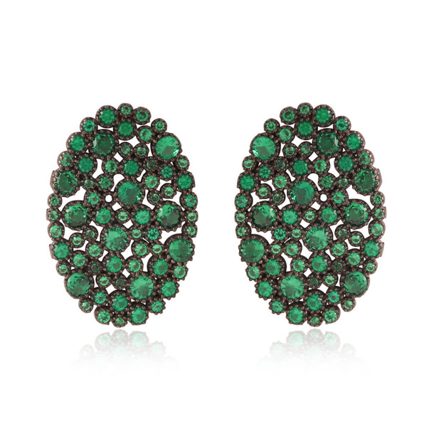 Oval Green Pave Cluster Studs in Black