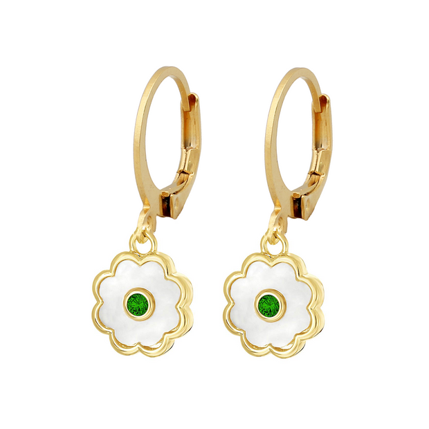 Green Soft Mother of Pearl Flower Lever Back Earring