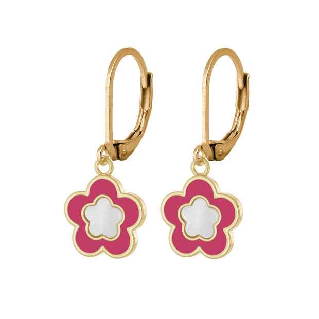 Large Pink Enamel Mother of Pearl Flower Lever Earrings