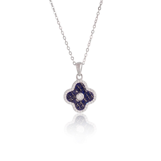 Blue Square CZ Filled Clover Pendant in White Gold