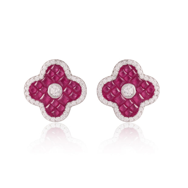 Ruby Square CZ Filled Clover Studs in White Gold