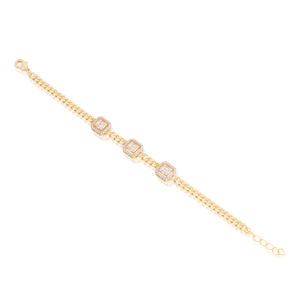 Three Square Baguette CZ Cuban Link Bracelet