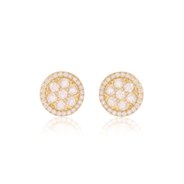 Bezel CZ Flower CZ Halo Studs in Yellow Gold