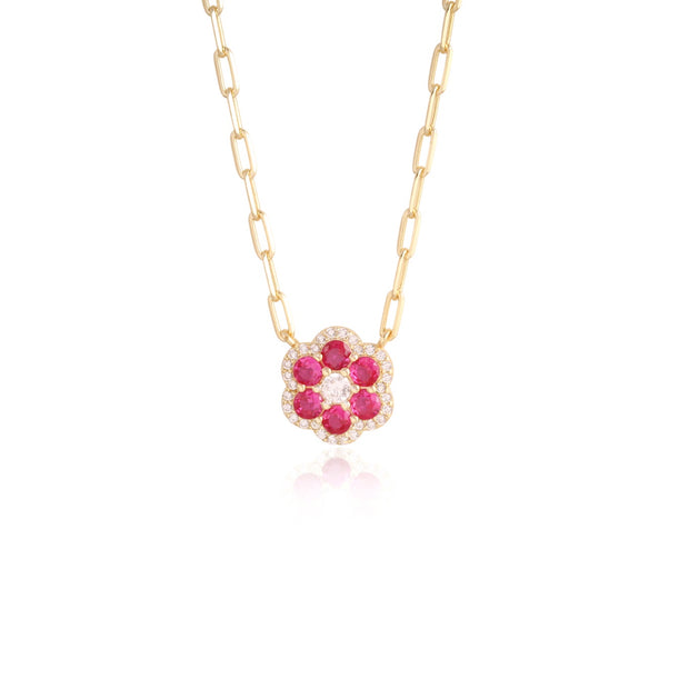 Flower Ruby CZ Design Pendant on Paperclip Chain in Yellow Gold