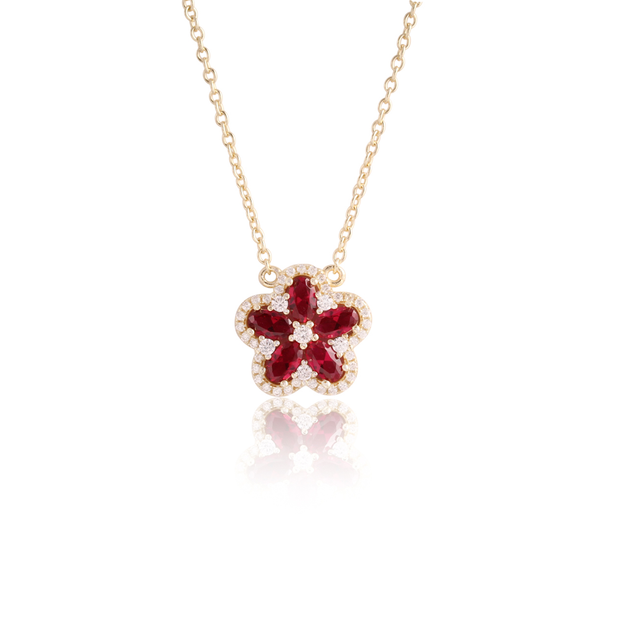 Five Petal CZ Ruby Halo Flower Pendant in Yellow Gold