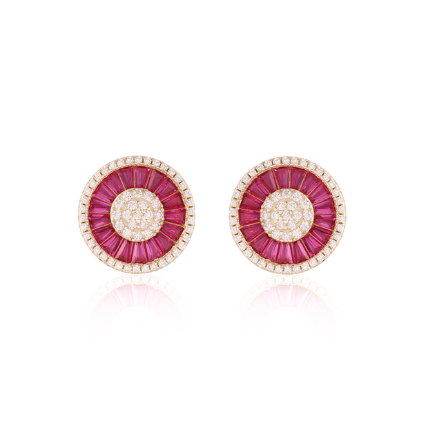 Ruby Baguette & CZ Medium Round Stud in Yellow Gold