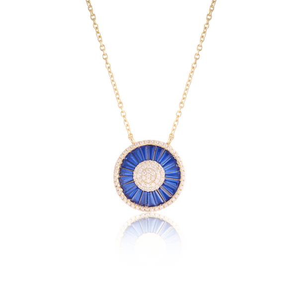 Sapphire Baguette & CZ Round Pendant in Yellow Gold