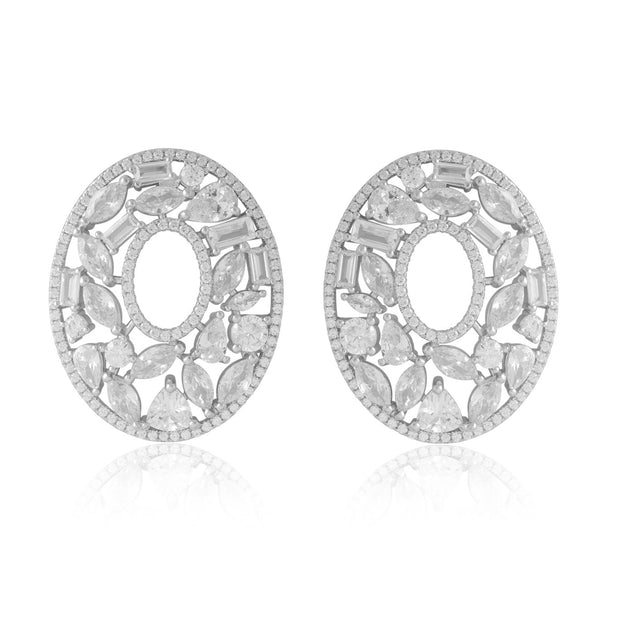 Multi-Cut CZ Oversized Oval Statement Earrings in White Gold