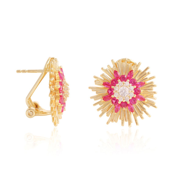 Ruby CZ & Polished Gold Burst Studs