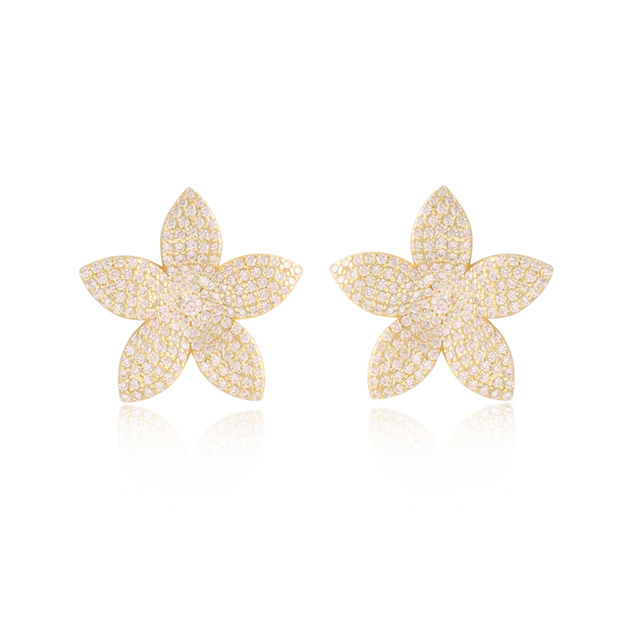 Flat CZ Pave Five Petal Flower Stud in Yellow Gold