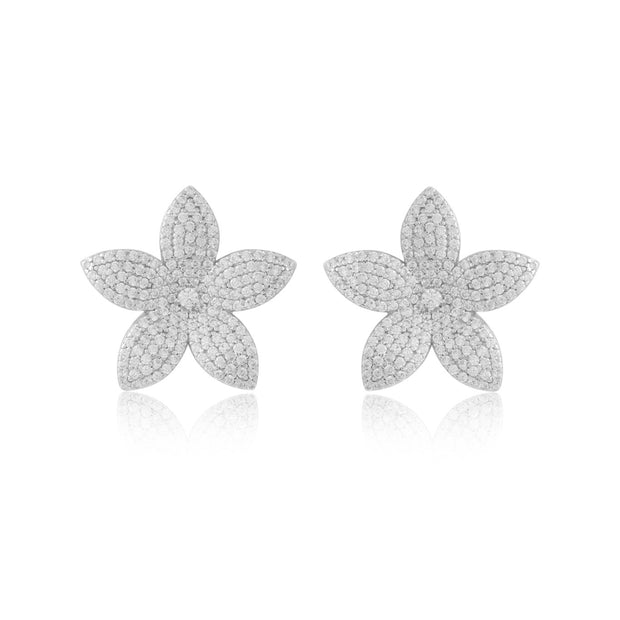 Flat CZ Pave Five Petal Flower Stud in White Gold