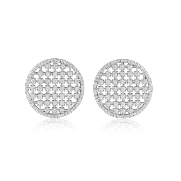 Checked Design Flat Round Studs in White Gold