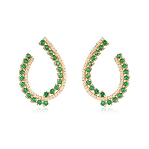 CZ & Emerald Lined J Earrings in Yellow Gold