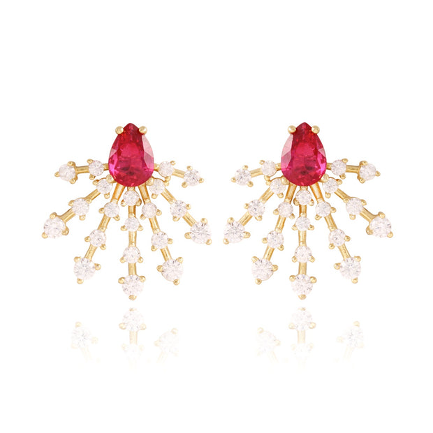 Ruby Teardrop Graduating CZ Spikes Studs in Yellow Gold