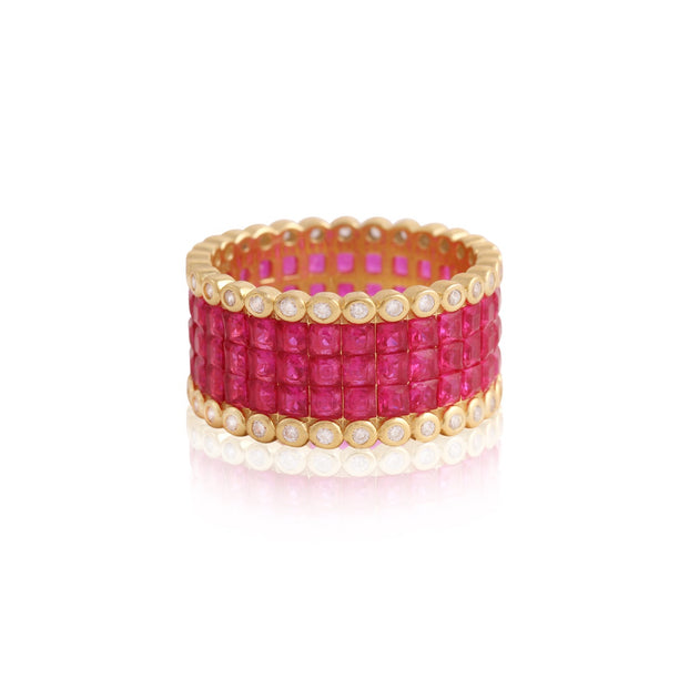 Thick Ruby & Bezel CZ Border Ring in Yellow Gold – Sparkles Jewelry