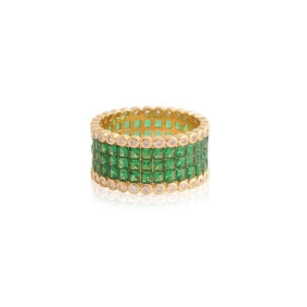 Thick Emerald & Bezel CZ Border Ring in Yellow Gold – Sparkles Jewelry