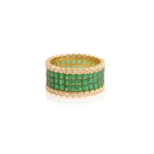 Thick Emerald & Bezel CZ Border Ring in Yellow Gold