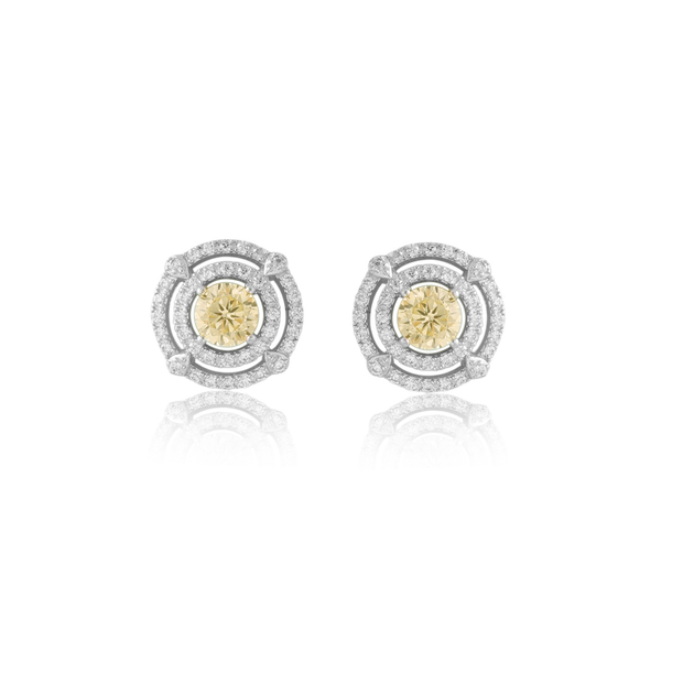 Yellow CZ Center Double Halo CZ Studs in White Gold