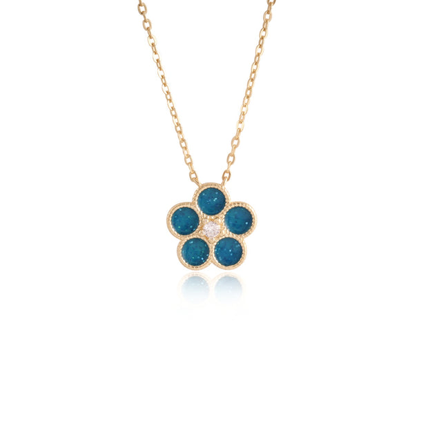 Teal Enamel Small Flower Pendant in Yellow Gold