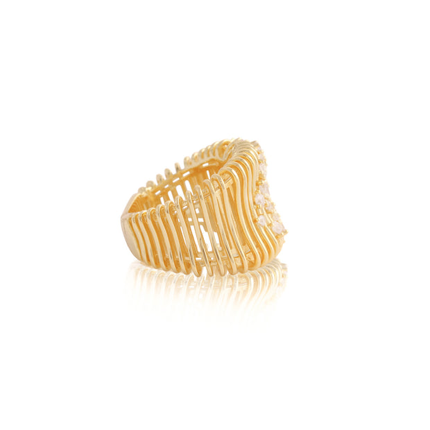 Open Ribbed Scattered CZ Ring in Yellow Gold