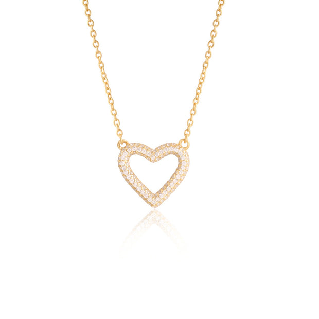 Small Open Pave Heart Necklace in Yellow Gold