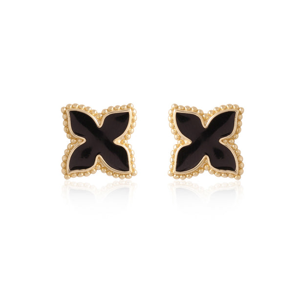 Edgy Onyx & Beaded Border Clover Studs in Yellow Gold