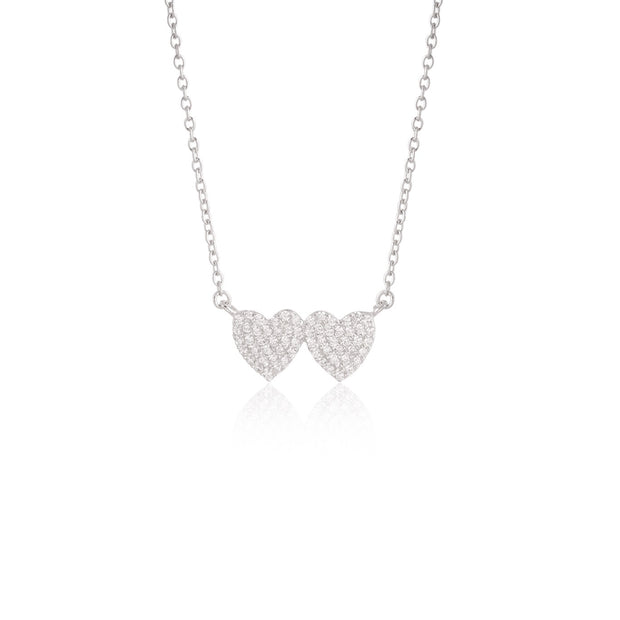 Double Pave Hearts Necklace in White Gold