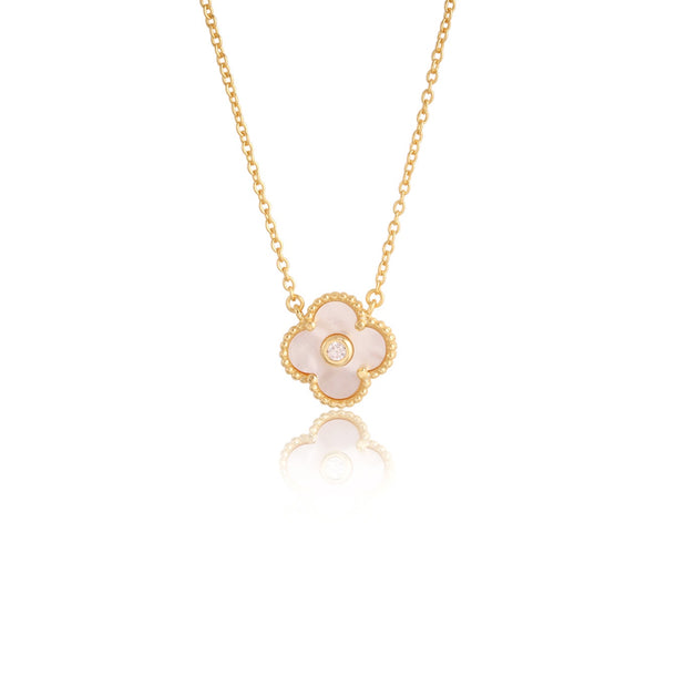 Small MOP CZ Bezel Center Clover Necklace in Yellow Gold