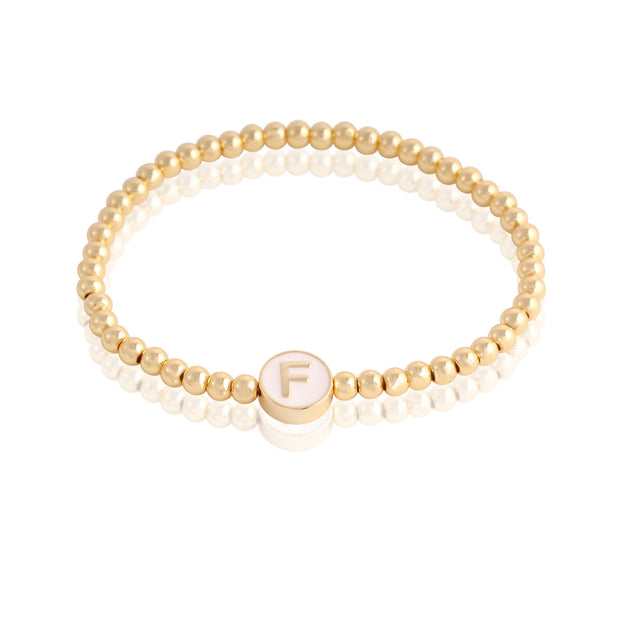 Gold Beaded White Enamel Initial Stacking Bracelet