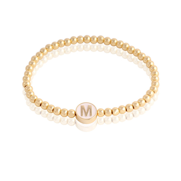 Gold Beaded White Enamel Initial Stacking Bracelet