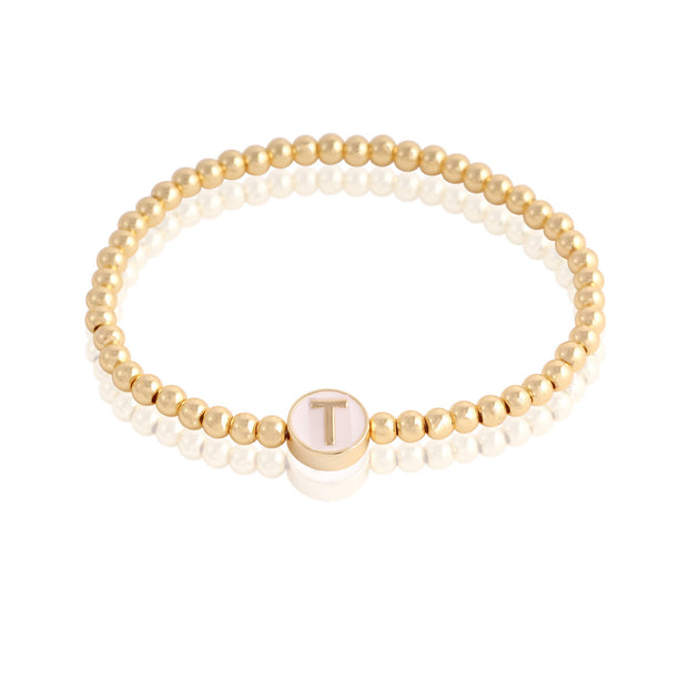 Gold Beaded White Enamel Initial Stacking Bracelet