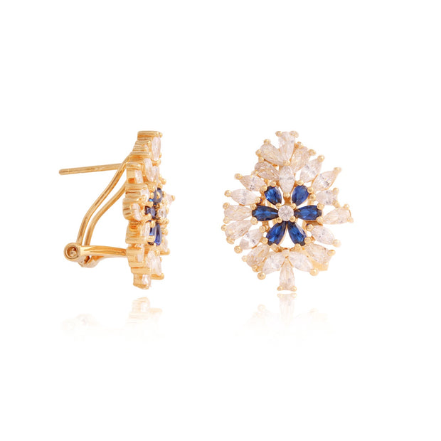 Sapphire Floral Design CZ Oversized Studs in Yellow Gold