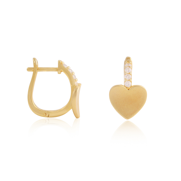 Matte Heart CZ Hoops in Yellow Gold